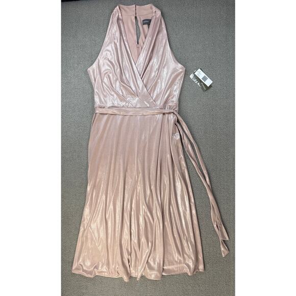 NWT Donna Ricco Midi Dress Metallic Shimmer Flowy Skirt Blush Pink DR51867 Sz 10 - Picture 3 of 9